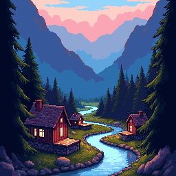 Retro Diffusion result for an alpine valley background at dusk