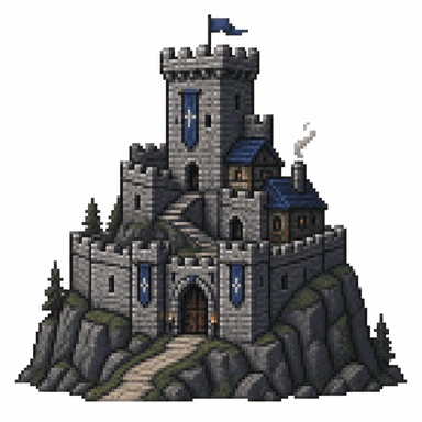 A detailed pixel-art stone keep with banners from GPT Image 2