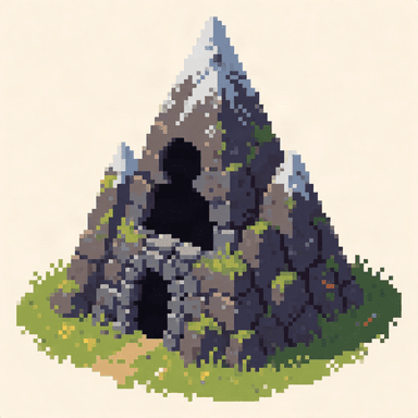 A pixel-art mossy cave mountain from Krea 2 Turbo