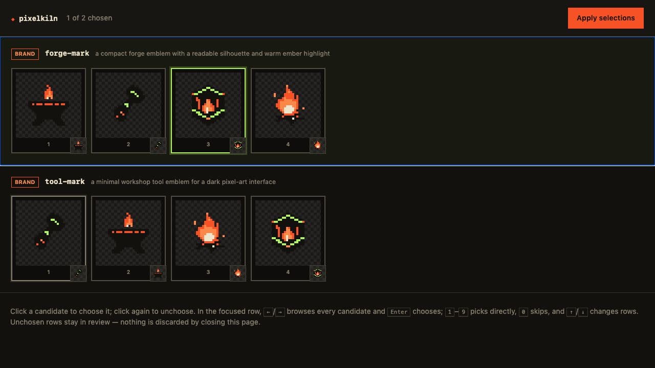 PixelKiln's local candidate review interface showing generated forge emblems
