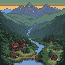 ComfyUI alpine valley reconstructed onto a 128 by 128 pixel grid