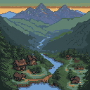 ComfyUI alpine valley refined onto a native 128 by 128 grid with a fixed palette