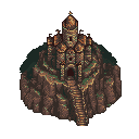 Transparent ComfyUI cliffside fortress refined onto a native 128 by 128 grid with a fixed palette