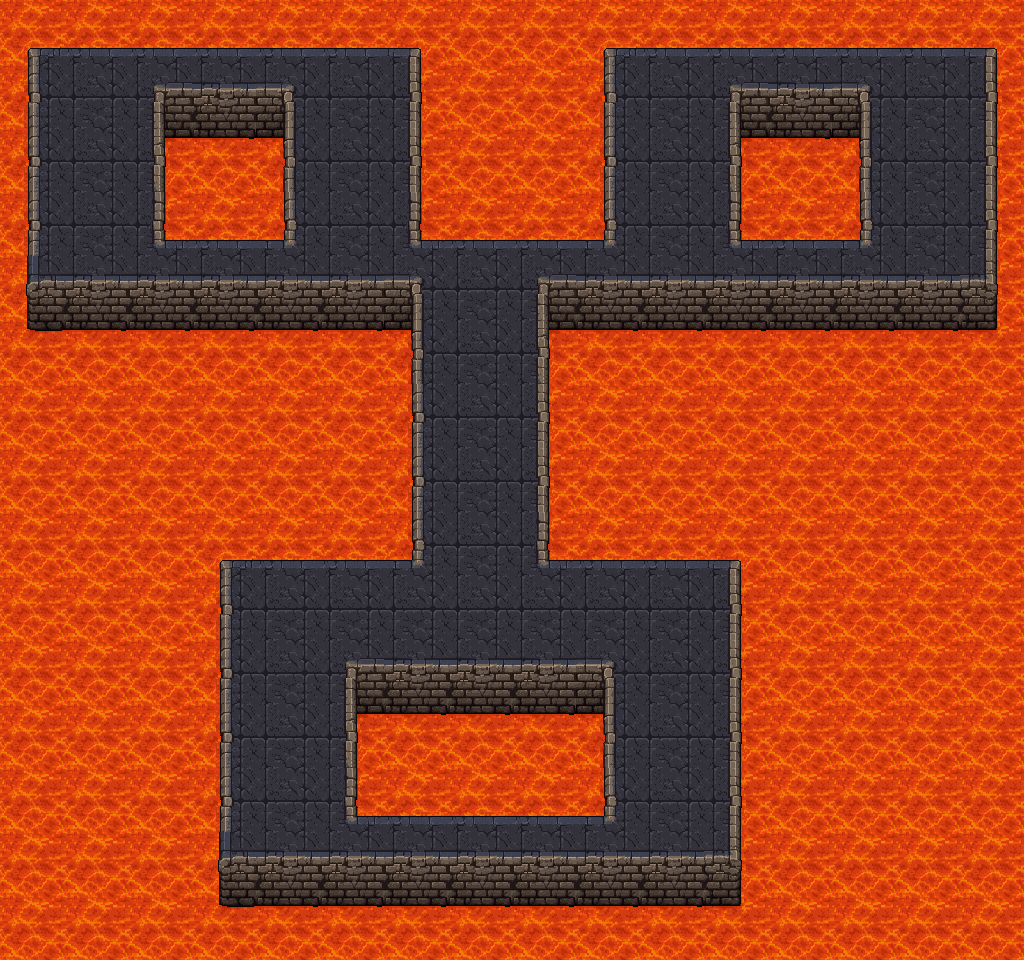 Dark stone dungeon floors raised over a lava sea, with brick walls dropping into the lava and lava pits cut into the floors