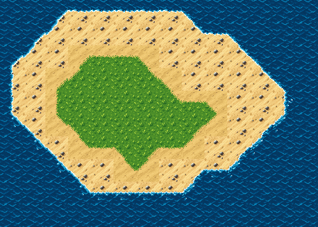 A sandy island with a grass meadow in the middle, surrounded by ocean, edges cut at 45 degrees