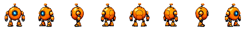 A round orange robot drawn facing south, south-west, west, north-west, north, north-east, east, and south-east